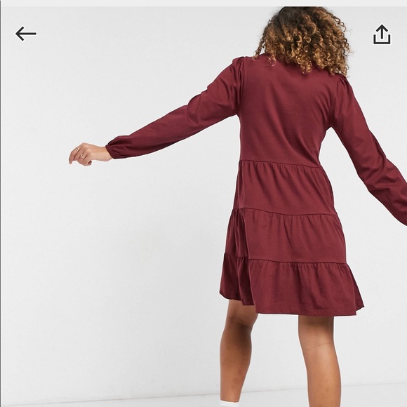 Smock mini dress with tiered hem with long sleeves in port - Picture 2 of 6